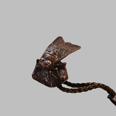 Lot 43 - A SUPERB ‘CICADA AND BAMBOO’ FOUR-CASE LACQUER INRO SET WITH MATCHING NETSUKE AND OJIME