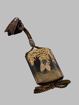 Lot 43 - A SUPERB ‘CICADA AND BAMBOO’ FOUR-CASE LACQUER INRO SET WITH MATCHING NETSUKE AND OJIME