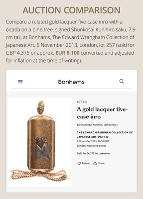 Lot 43 - A SUPERB ‘CICADA AND BAMBOO’ FOUR-CASE LACQUER INRO SET WITH MATCHING NETSUKE AND OJIME