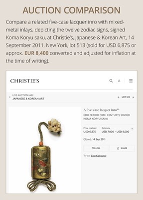 Lot 26 - KOMA KORYU: A FINE FOUR-CASE LACQUER INRO WITH DOVES AT A SHINTO SHRINE