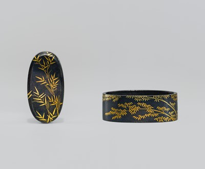 Lot 594 - A FINE SHAKUDO AND GOLD ‘BAMBOO’ FUCHI AND KASHIRA