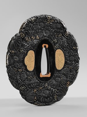 Lot 66 - TOMOMITSU: A FINE SHAKUDO TSUBA WITH KIKU (CHRYSANTHEMUMS)