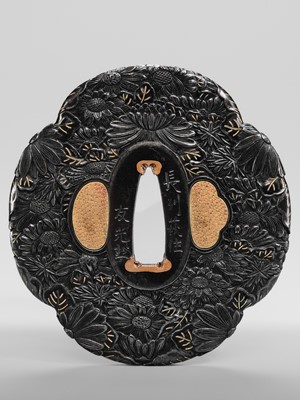 Lot 66 - TOMOMITSU: A FINE SHAKUDO TSUBA WITH KIKU (CHRYSANTHEMUMS)