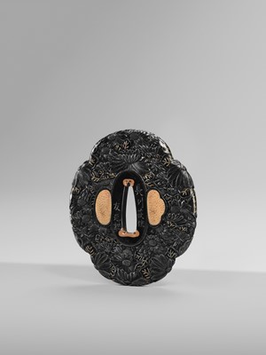 Lot 66 - TOMOMITSU: A FINE SHAKUDO TSUBA WITH KIKU (CHRYSANTHEMUMS)