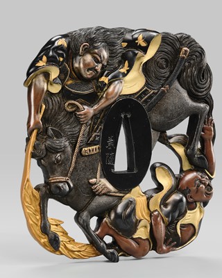 Lot 79 - KANEYUKI: A SUPERB AND LARGE SUKASHI KINKO TSUBA WITH A SAMURAI ON HORSEBACK