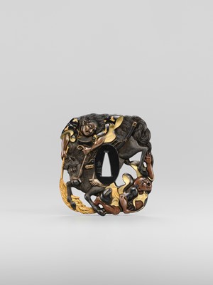 Lot 79 - KANEYUKI: A SUPERB AND LARGE SUKASHI KINKO TSUBA WITH A SAMURAI ON HORSEBACK