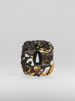 Lot 79 - KANEYUKI: A SUPERB AND LARGE SUKASHI KINKO TSUBA WITH A SAMURAI ON HORSEBACK