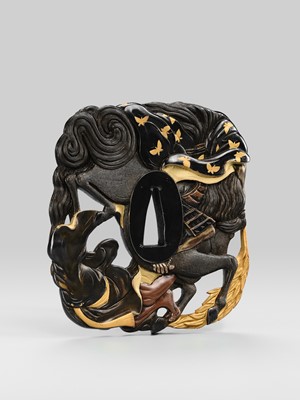 Lot 79 - KANEYUKI: A SUPERB AND LARGE SUKASHI KINKO TSUBA WITH A SAMURAI ON HORSEBACK