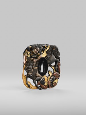 Lot 79 - KANEYUKI: A SUPERB AND LARGE SUKASHI KINKO TSUBA WITH A SAMURAI ON HORSEBACK