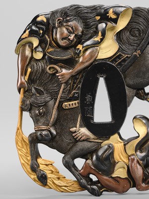 Lot 79 - KANEYUKI: A SUPERB AND LARGE SUKASHI KINKO TSUBA WITH A SAMURAI ON HORSEBACK