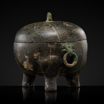 Lot 374 - AN EXCEEDINGLY RARE BRONZE-FITTED LIMESTONE TRIPOD VESSEL AND COVER, DING, HAN DYNASTY