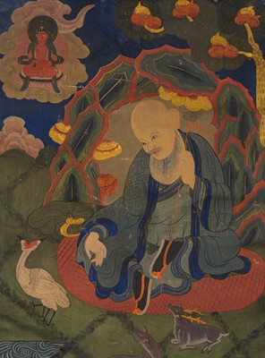 Lot 91 - AN EXTREMELY RARE THANGKA DEPICTING SHOULAO AND AMITAYUS, 18TH-19TH CENTURY