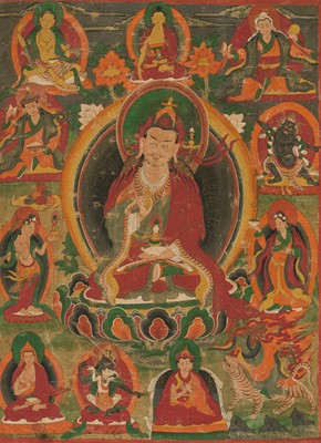 Lot 339 - A THANGKA DEPICTING PADMASAMBHAVA AND HIS EIGHT MANIFESTATIONS, 18TH-19TH CENTURY