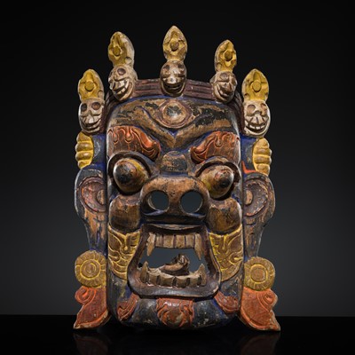 Lot 293 - A FINE POLYCHROME WOOD MASK OF MAHAKALA, TIBET, 18TH-19TH CENTURY