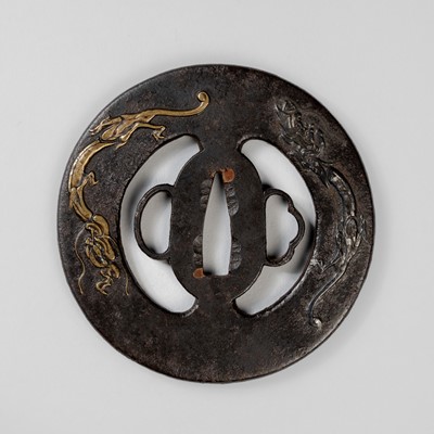 Lot 1828 - AN IRON SUKASHI TSUBA WITH DRAGONS