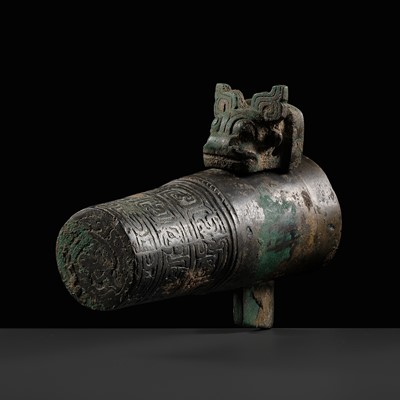 Lot 369 - A BRONZE CHARIOT AXLE CAP AND LINCHPIN, WESTERN ZHOU DYNASTY