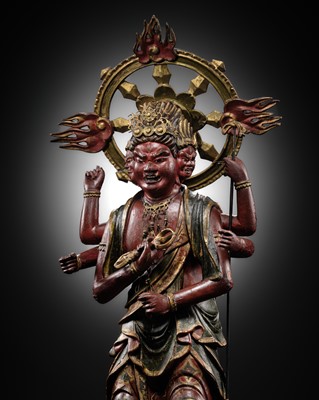 Lot 171 - A GILT AND POLYCHROME CARVED WOOD FIGURE OF SAMBO KOJIN, MUROMACHI PERIOD