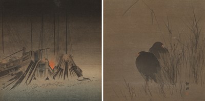 Lot 1616 - OKUHARA SEIKO: A PAIR OF WOODBLOCK PRINTS ‘WATERHENS IN REEDS AT NIGHT’ AND ‘SHIPS AT NIGHT’