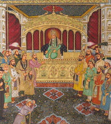Lot 597 - A MONUMENTAL TANJORE PAINTING OF THE LAST MUGHAL EMPEROR BAHADUR SHAH II IN DURBAR (HOLDING COURT), 19TH CENTURY