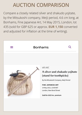 Lot 19 - HATTORI: A FINE SILVER AND SHAKUDO ‘CORMORANT FISHING’ YOJITATE (TOOTHPICK HOLDER)