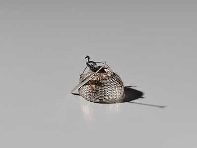 Lot 19 - HATTORI: A FINE SILVER AND SHAKUDO ‘CORMORANT FISHING’ YOJITATE (TOOTHPICK HOLDER)