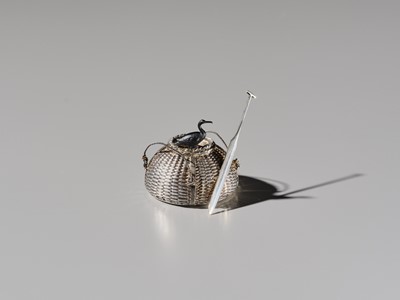 Lot 19 - HATTORI: A FINE SILVER AND SHAKUDO ‘CORMORANT FISHING’ YOJITATE (TOOTHPICK HOLDER)