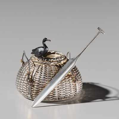 Lot 19 - HATTORI: A FINE SILVER AND SHAKUDO ‘CORMORANT FISHING’ YOJITATE (TOOTHPICK HOLDER)