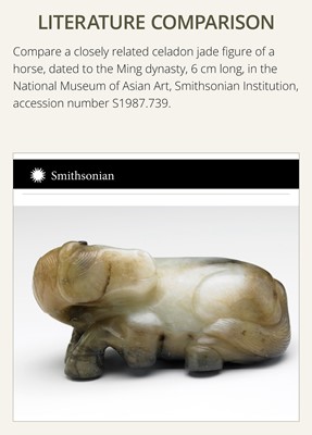 A CELADON AND BROWN JADE FIGURE OF A HORSE, MING DYNASTY