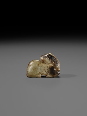 A CELADON AND BROWN JADE FIGURE OF A HORSE, MING DYNASTY