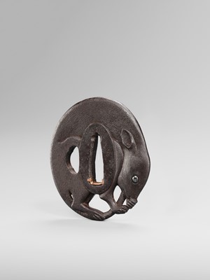 A FINE AND RARE KO-KINKO IRON TSUBA OF A COILED RAT