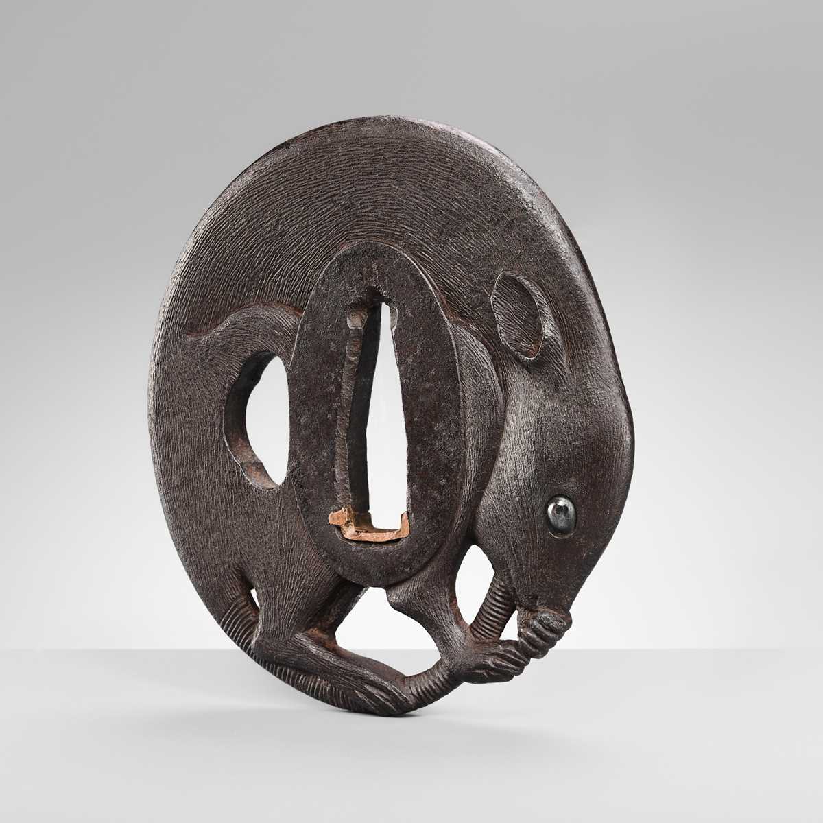 A FINE AND RARE KO-KINKO IRON TSUBA OF A COILED RAT