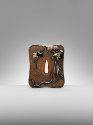 TOSHITSUGU: A SUPERB SUAKA TSUBA WITH A SNAKE AND LOOFAH GOURD, WITH NBTHK TOKUBETSU KICHO (ESPECIALLY PRECIOUS) CERTIFICATE