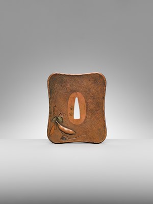 TOSHITSUGU: A SUPERB SUAKA TSUBA WITH A SNAKE AND LOOFAH GOURD, WITH NBTHK TOKUBETSU KICHO (ESPECIALLY PRECIOUS) CERTIFICATE