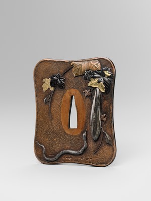 TOSHITSUGU: A SUPERB SUAKA TSUBA WITH A SNAKE AND LOOFAH GOURD, WITH NBTHK TOKUBETSU KICHO (ESPECIALLY PRECIOUS) CERTIFICATE