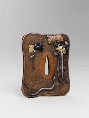 TOSHITSUGU: A SUPERB SUAKA TSUBA WITH A SNAKE AND LOOFAH GOURD, WITH NBTHK TOKUBETSU KICHO (ESPECIALLY PRECIOUS) CERTIFICATE