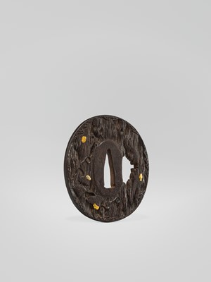 AN IRON HAMANO SCHOOL TSUBA DEPICTING A SNAIL ON AN OLD TREE, WITH HOZON TOSOGU NBTHK CERTIFICATE