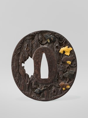 AN IRON HAMANO SCHOOL TSUBA DEPICTING A SNAIL ON AN OLD TREE, WITH HOZON TOSOGU NBTHK CERTIFICATE