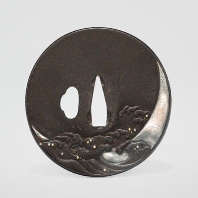 Lot 58 - A SHOAMI SCHOOL IRON TSUBA WITH WAVES AND A CRESCENT MOON, WITH NBTHK TOKUBETSU KICHO (ESPECIALLY PRECIOUS) CERTIFICATE