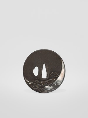 Lot 58 - A SHOAMI SCHOOL IRON TSUBA WITH WAVES AND A CRESCENT MOON, WITH NBTHK TOKUBETSU KICHO (ESPECIALLY PRECIOUS) CERTIFICATE