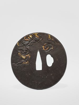 Lot 58 - A SHOAMI SCHOOL IRON TSUBA WITH WAVES AND A CRESCENT MOON, WITH NBTHK TOKUBETSU KICHO (ESPECIALLY PRECIOUS) CERTIFICATE