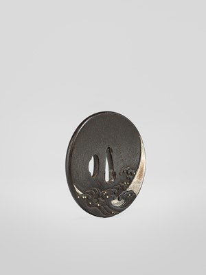 Lot 58 - A SHOAMI SCHOOL IRON TSUBA WITH WAVES AND A CRESCENT MOON, WITH NBTHK TOKUBETSU KICHO (ESPECIALLY PRECIOUS) CERTIFICATE
