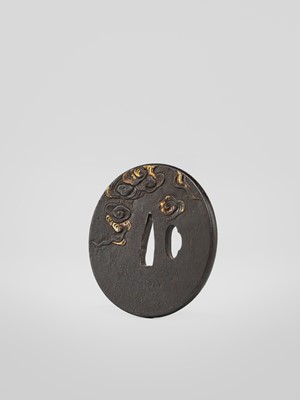 Lot 58 - A SHOAMI SCHOOL IRON TSUBA WITH WAVES AND A CRESCENT MOON, WITH NBTHK TOKUBETSU KICHO (ESPECIALLY PRECIOUS) CERTIFICATE