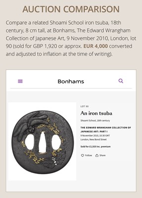 Lot 58 - A SHOAMI SCHOOL IRON TSUBA WITH WAVES AND A CRESCENT MOON, WITH NBTHK TOKUBETSU KICHO (ESPECIALLY PRECIOUS) CERTIFICATE