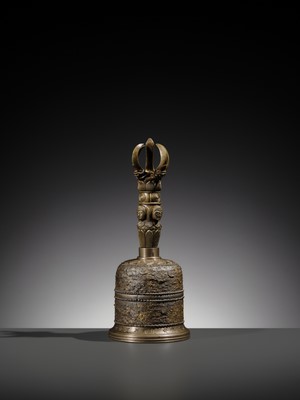 AN UNUSUAL AND LARGE PARCEL-GILT BRONZE FOUR-PRONGED VAJRA BELL