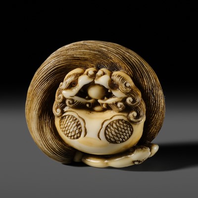 Lot 329 - A SUPERB WALRUS TUSK NETSUKE OF A MOKUGYO AND HOSSU, ATTRIBUTED TO RENSAI
