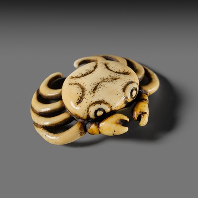 Lot 340 - A SUPERB WALRUS TUSK NETSUKE OF A STYLIZED CRAB, ATTRIBUTED TO KOKUSAI
