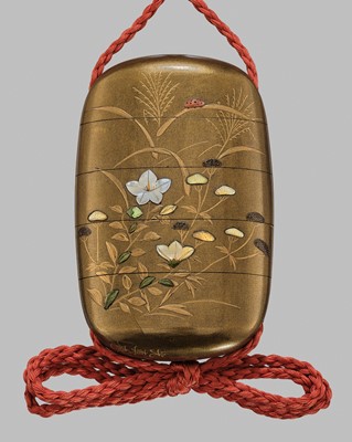 Lot 40 - KOSHINSAI: A FINE SHIBAYAMA INLAID FOUR-CASE GOLD LACQUER INRO