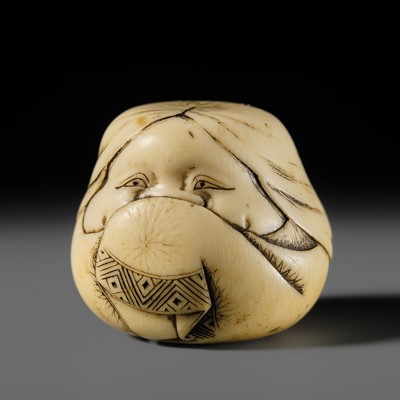 Lot 144 - DOSHO: A FINE OSAKA SCHOOL IVORY NETSUKE OF OKAME AS ONNA DARUMA