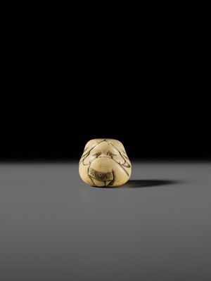 Lot 144 - DOSHO: A FINE OSAKA SCHOOL IVORY NETSUKE OF OKAME AS ONNA DARUMA