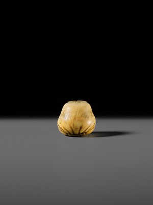 Lot 144 - DOSHO: A FINE OSAKA SCHOOL IVORY NETSUKE OF OKAME AS ONNA DARUMA